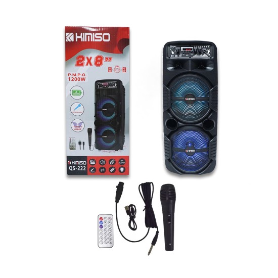 SPEAKER KIMISO QS-222 8" X 2 WITH MICROPHONE AND REMOTE 